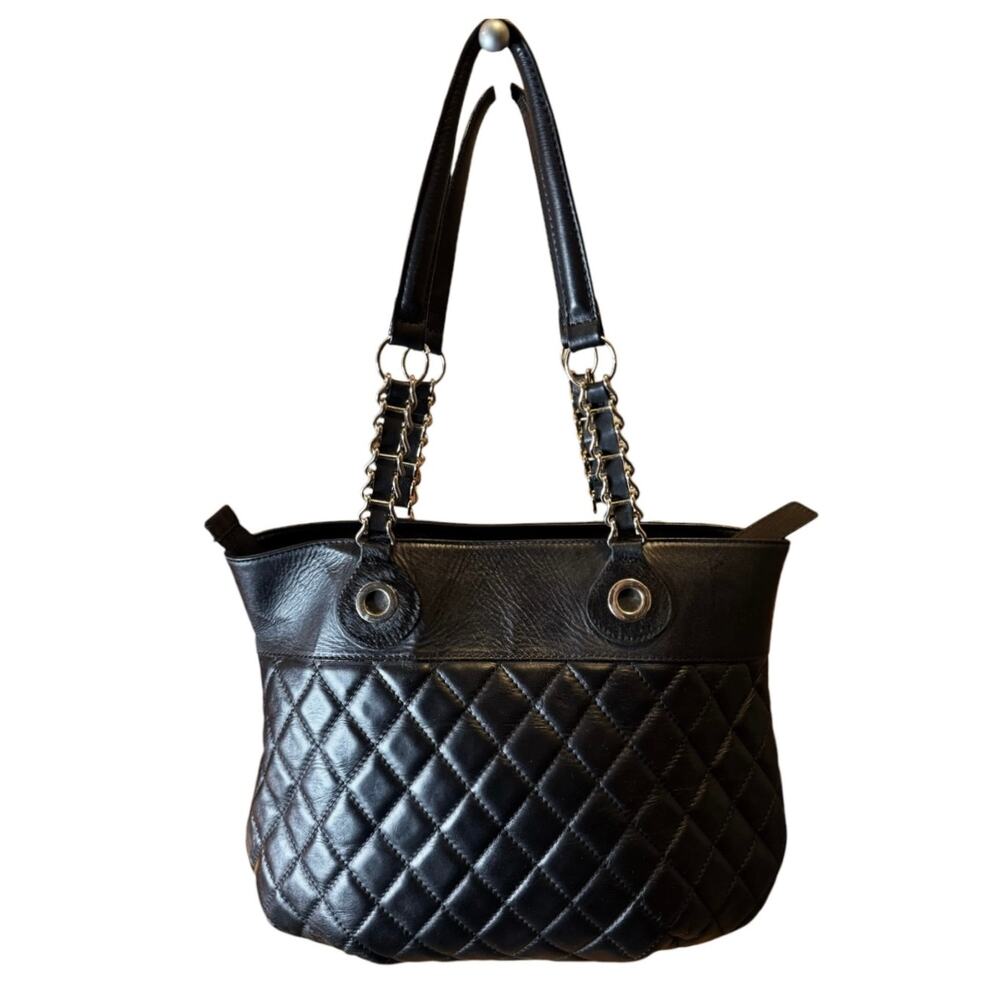 CLAUDIA FIRENZE Black Diamond Leather Cowhide Dual Handle Italy Zip Closure EUC